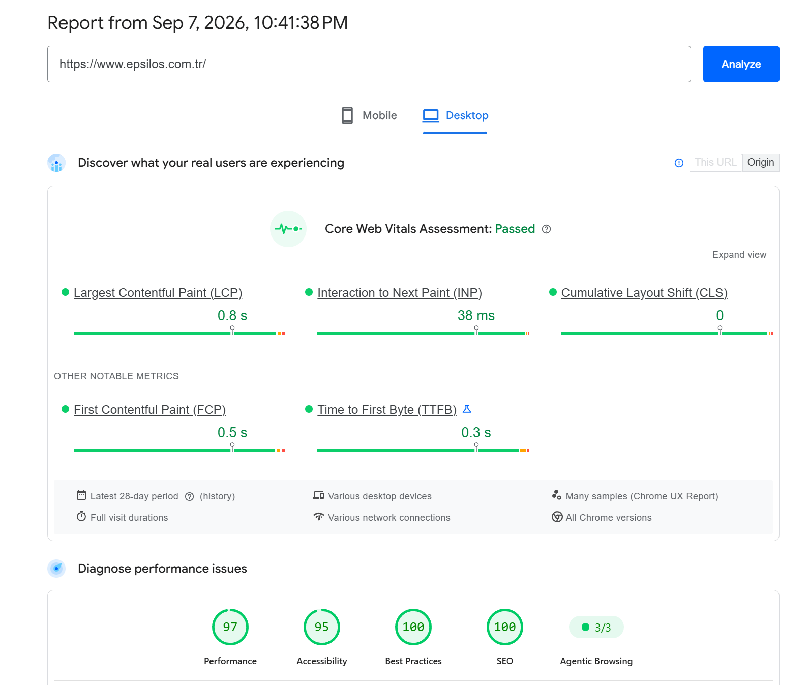 PageSpeed Insights report for epsilos.com.tr on desktop: Performance 97, Accessibility 95, Best Practices 100, SEO 100, Agentic Browsing 3/3